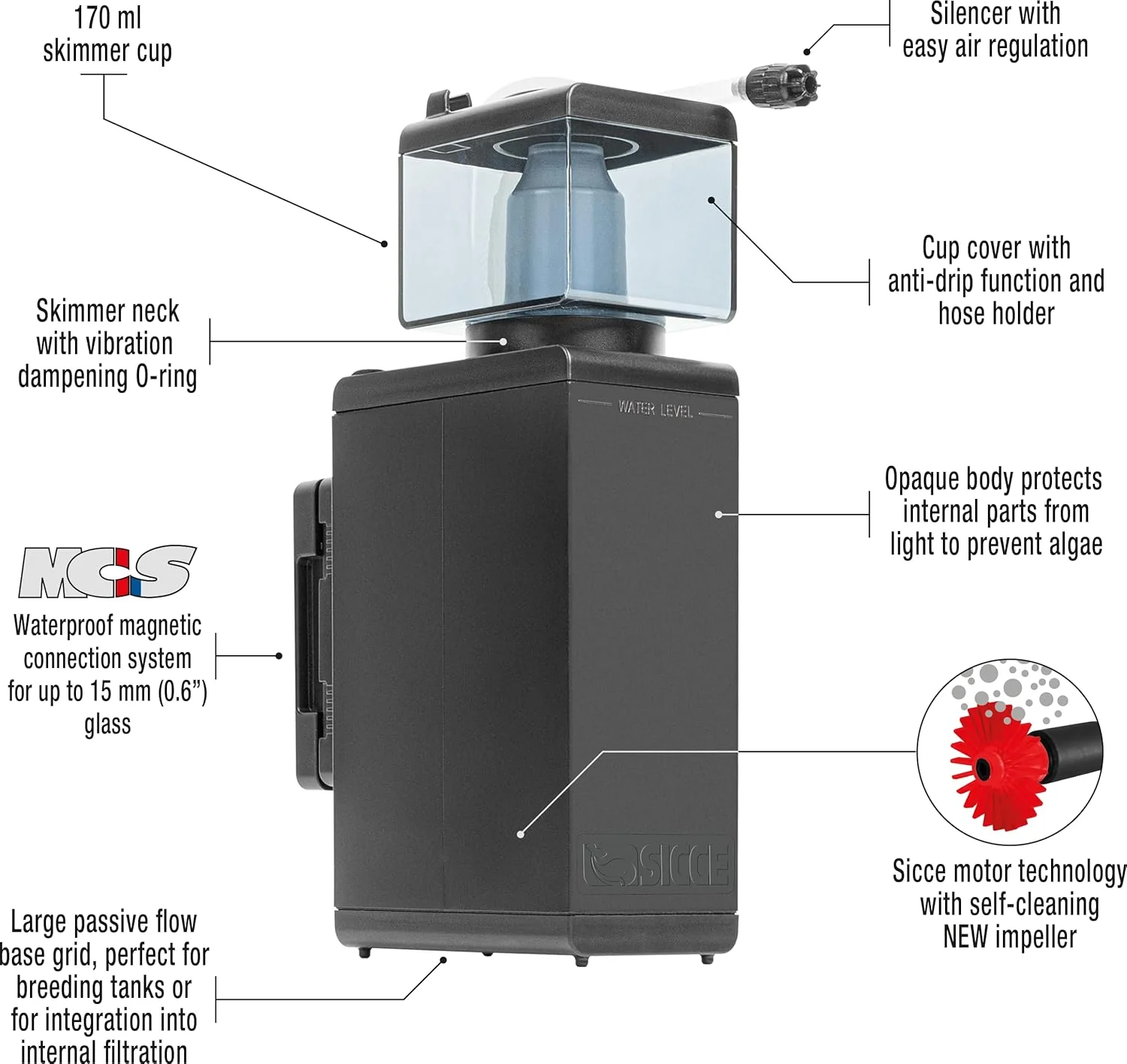 Sicce Shark Nano Protein Skimmer 150 up to 40 Gallon Saltwater Aquariums | Ultra Quiet Pump, Adjustable, Compact, Small Aquarium Marine Reef Tank - Image 5