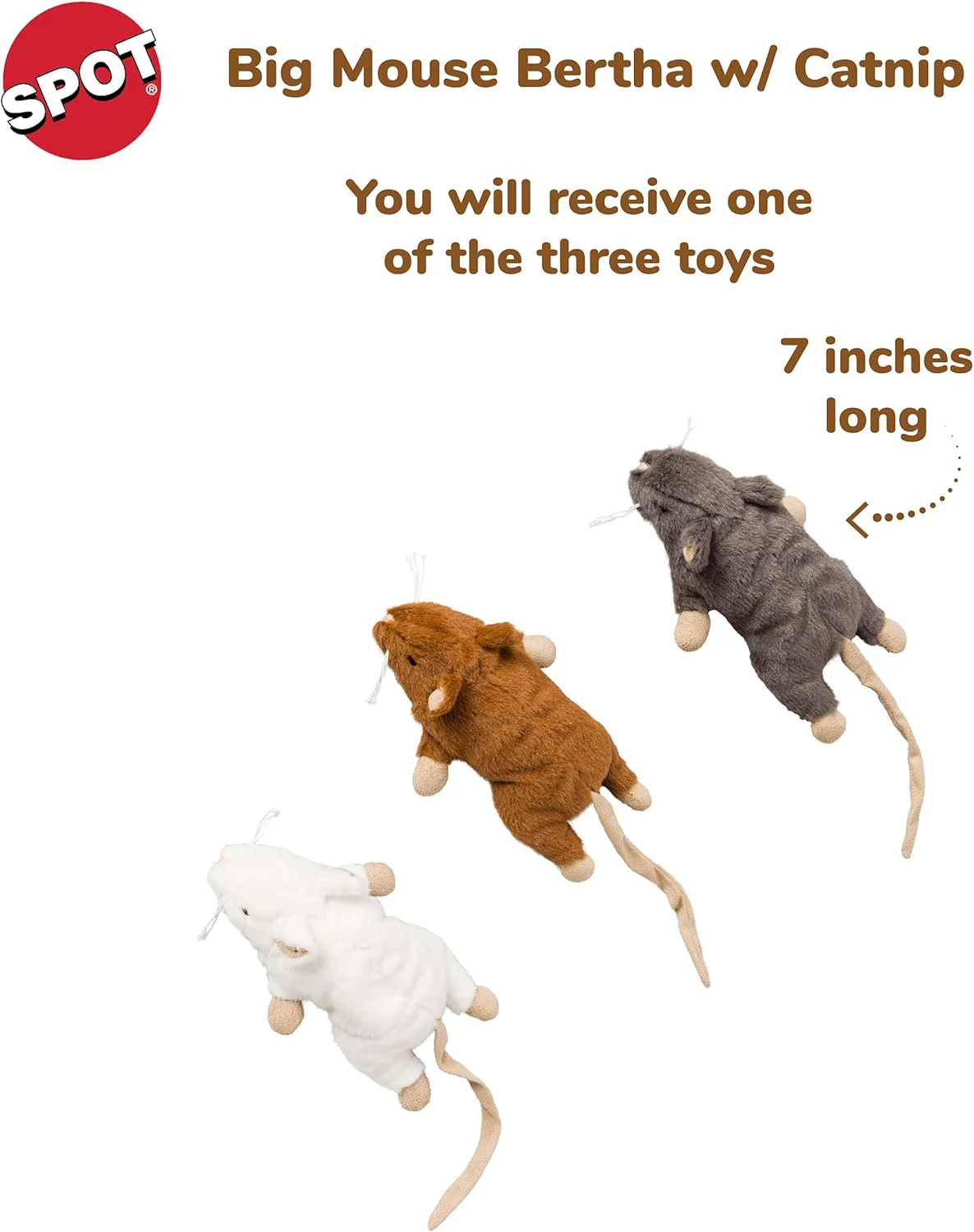 SPOT Big Mouse Bertha with Catnip - Lifelike Cat Toy, Fuzzy Mice with Catnip and Crinkle Sound, Large Size for Cuddling, Chasing, Playing - 7in Plush Toys, Assorted Colors - Image 3