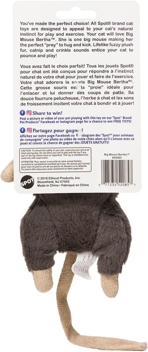 SPOT Big Mouse Bertha with Catnip - Lifelike Cat Toy, Fuzzy Mice with Catnip and Crinkle Sound, Large Size for Cuddling, Chasing, Playing - 7in Plush Toys, Assorted Colors - Image 4