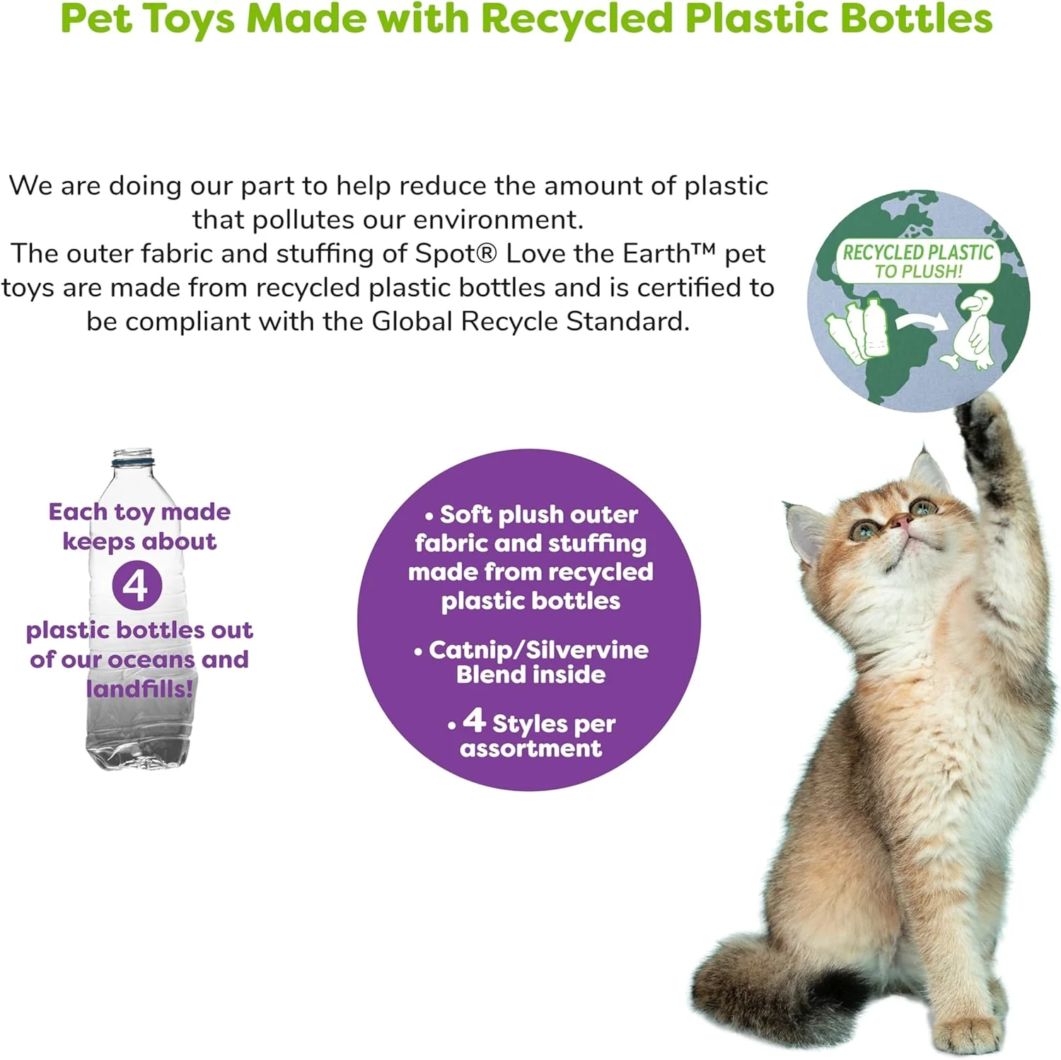 SPOT Love The Earth Butterfly Cat Toy - Eco Friendly Catnip Toy Made with Recycled Plastic Bottles, Soft, Plush, Bright Colored Classic Toy for Indoor Cats and Kittens - 4 inch, Assorted Colors - Image 3