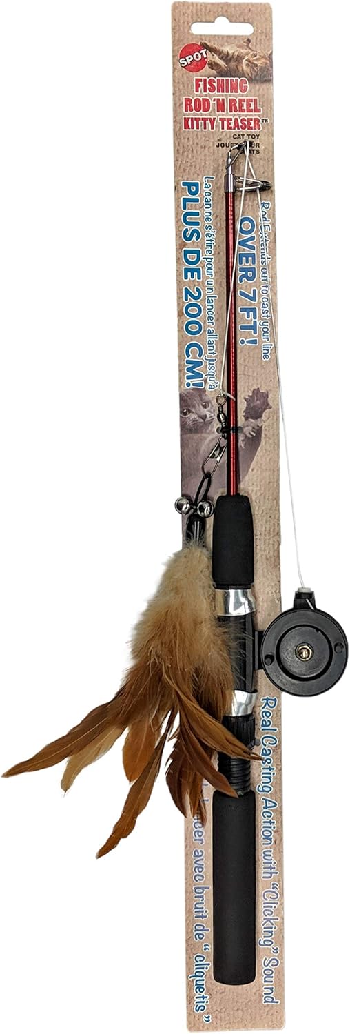 SPOT Fishing Rod 'N Reel Kitty Teaser - Cat Toy Fishing Pole Casts a Line Over 7 Feet with Working Reel Locks in Line When You Make Your Catch, Feather End Teases and Entices Cats to Pounce and Chase - Image 2