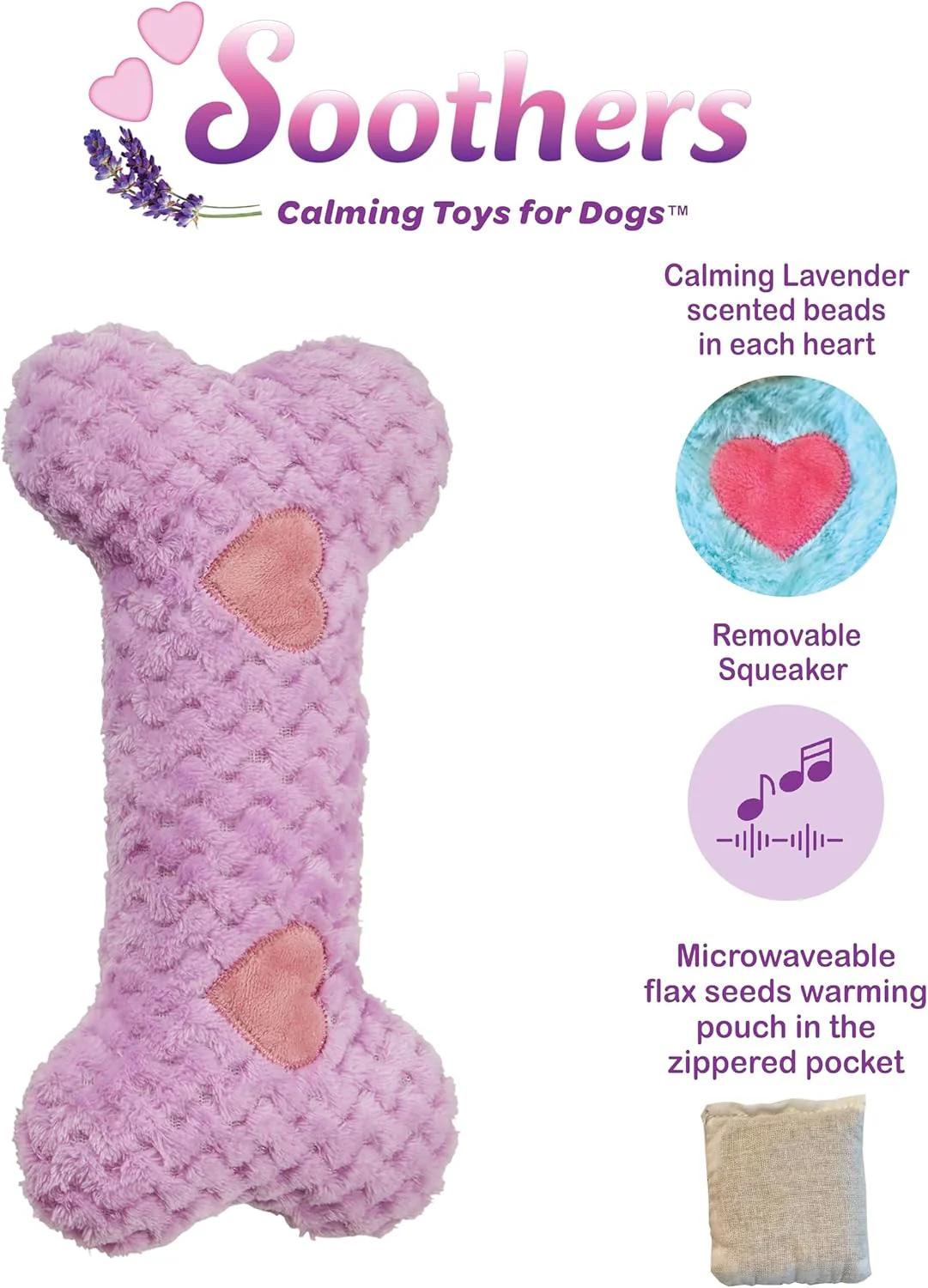 SPOT Soothers Warm Hug Bone - Calming Plush Dog Toy with Lavender Scented Beads, Removable Squeaker, Microwavable Warming Pouch, Separation Anxiety Relief, for Medium to Large Dogs and Puppies - Image 3