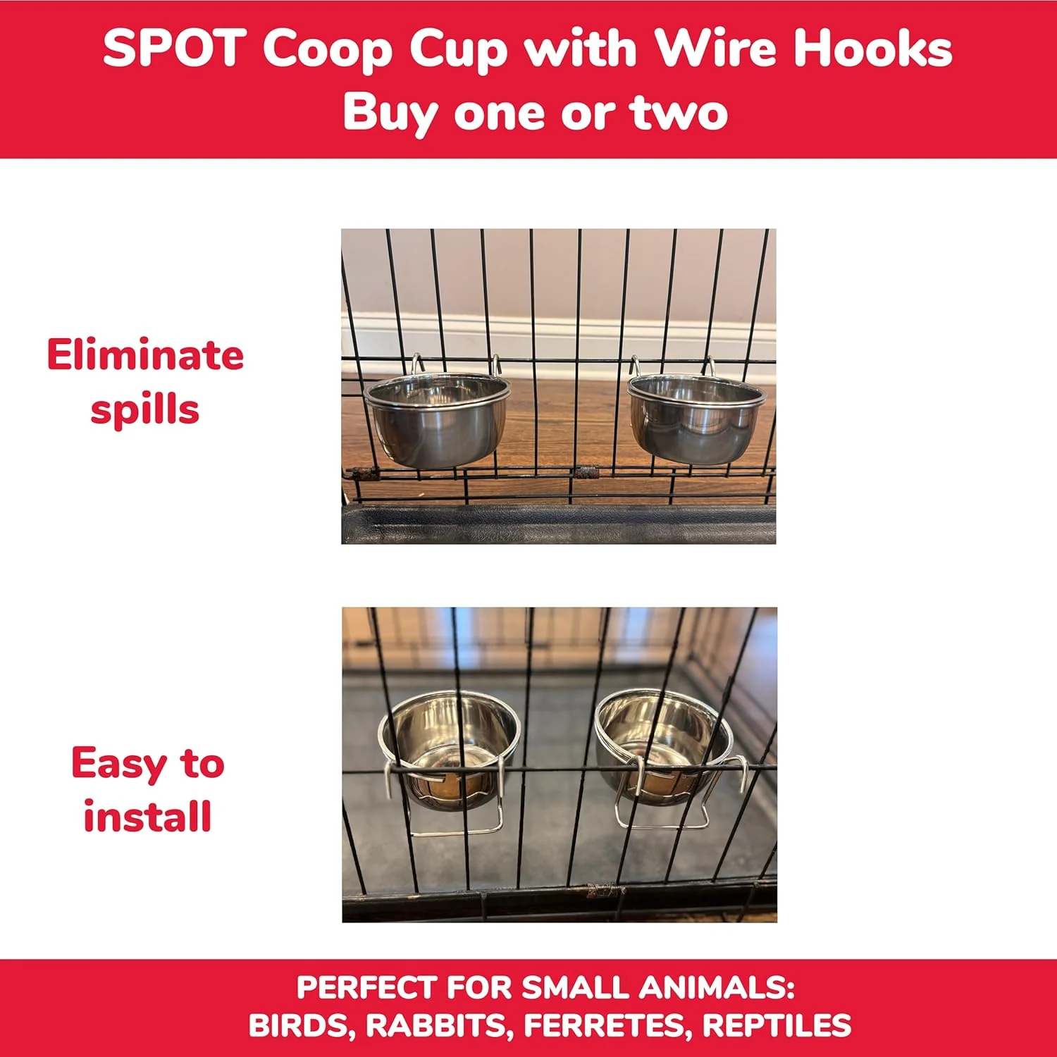 SPOT Stainless Steel Coop Cup with Wire Hooks – Durable, Chew-Resistant Food Bowl for Cages and Crates, Ideal for Feeding Birds, Parrots, Rabbits, Ferrets, and Reptiles - Image 3
