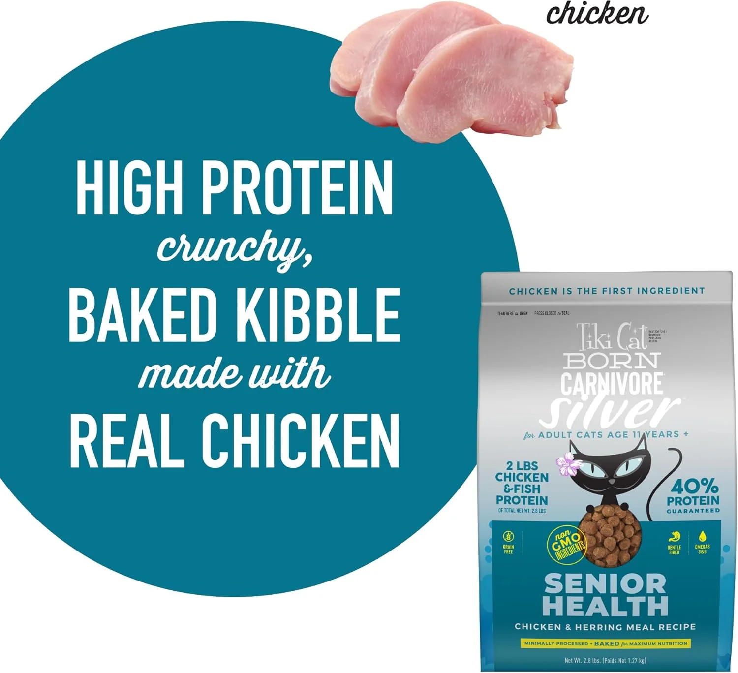 Tiki Cat Born Carnivore Silver, Senior Health, Chicken and Herring Meal Recipe, Immune Support with Baked Kibble to Maximize Nutrients, Adult Dry Cat Food for Cats 11+ - Image 4