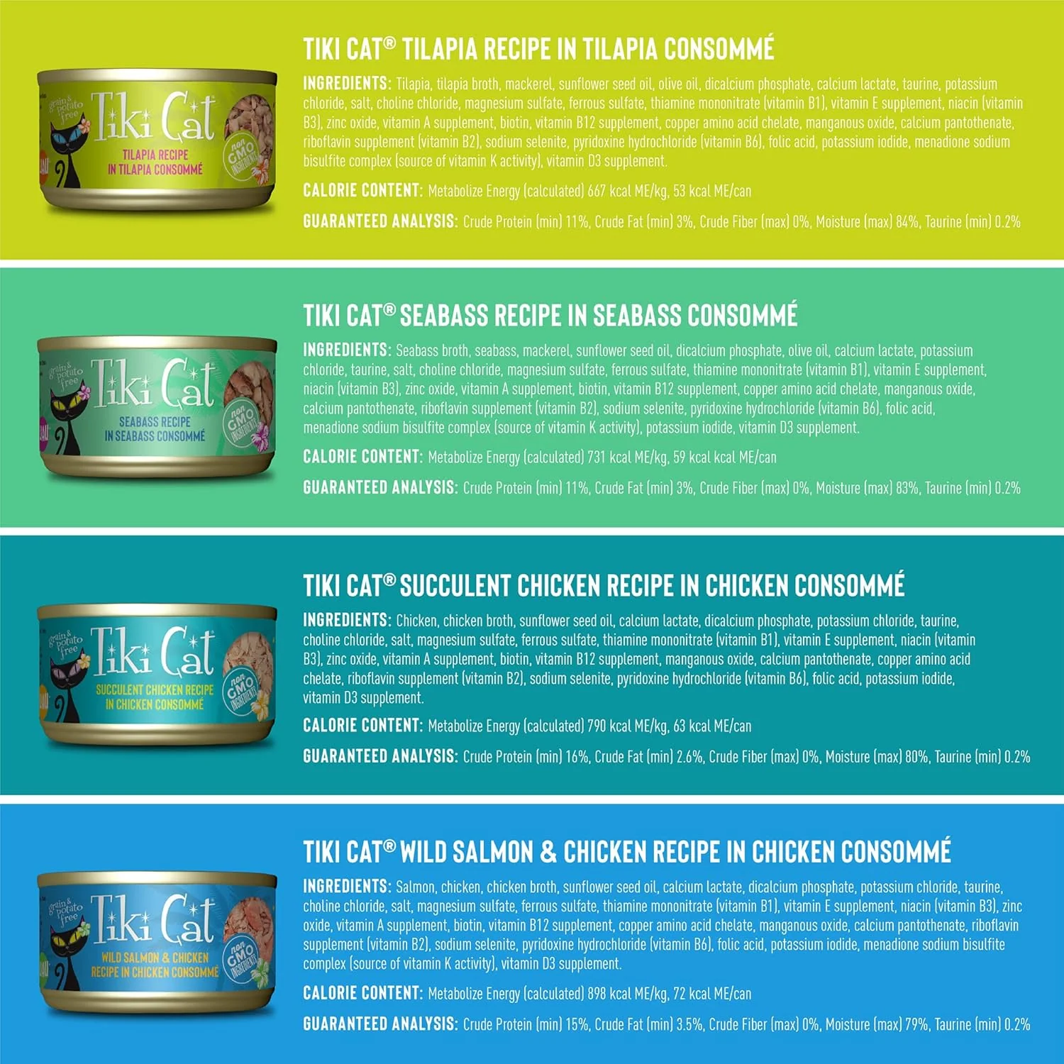 Tiki Cat Luau Grain-Free, Low-Carbohydrate Wet Food with Poultry or Fish in Consomme for Adult Cats & Kittens, 2.8oz, 12pk, Variety - Image 3