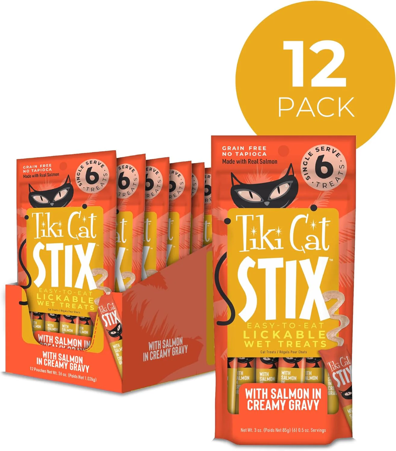 Tiki Cat Stix Mousse Treats, Single Serve Indulgent Lickable Treat or Dry Food Topper, with Salmon in Creamy Gravy, 3 oz. Pouch (Pack of 6) - Image 8