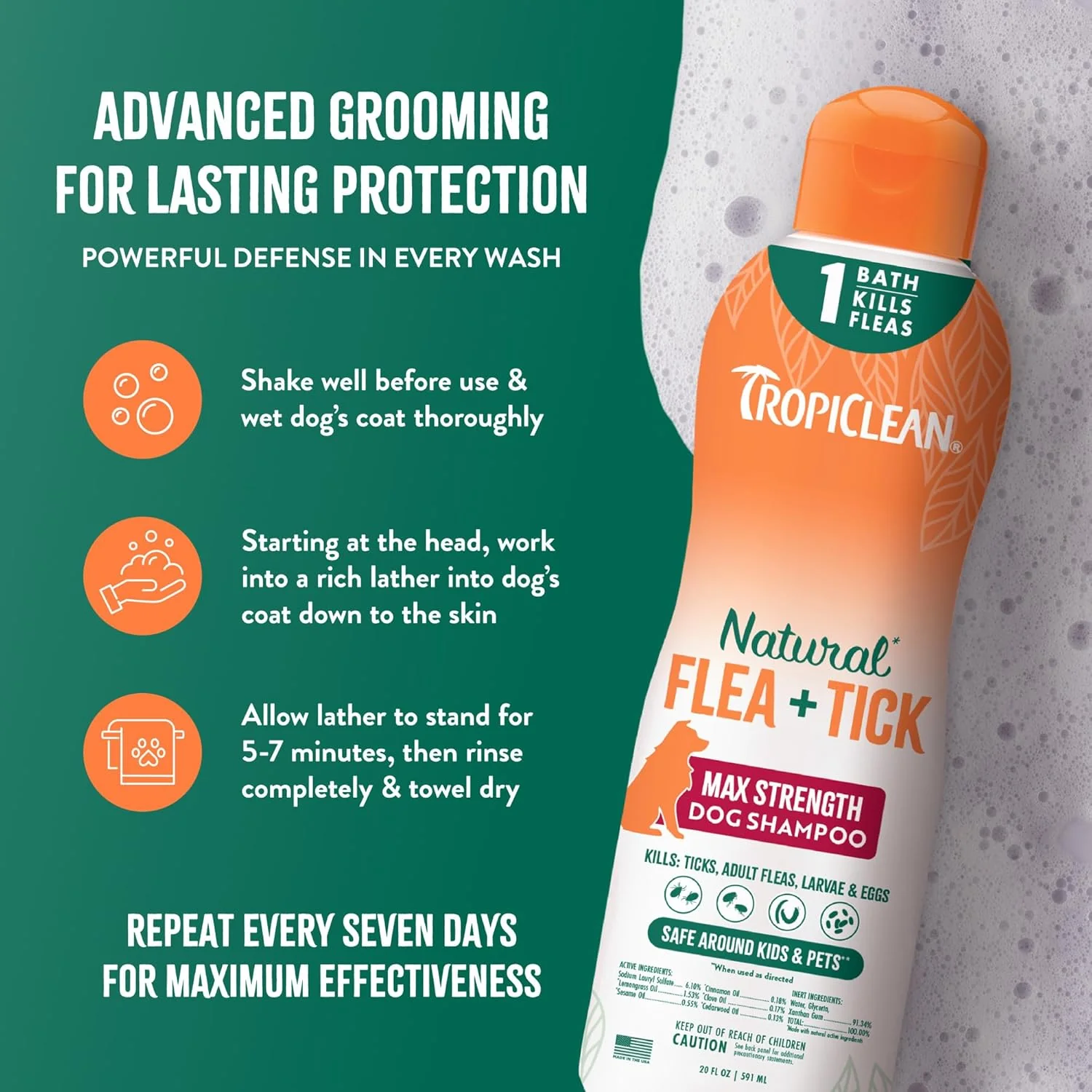 TropiClean Max Strength Flea and Tick Shampoo Treatment for Dogs, Powerful & Natural Defense, Prevention for Large & Small Dogs, Made in USA, 20oz - Image 6