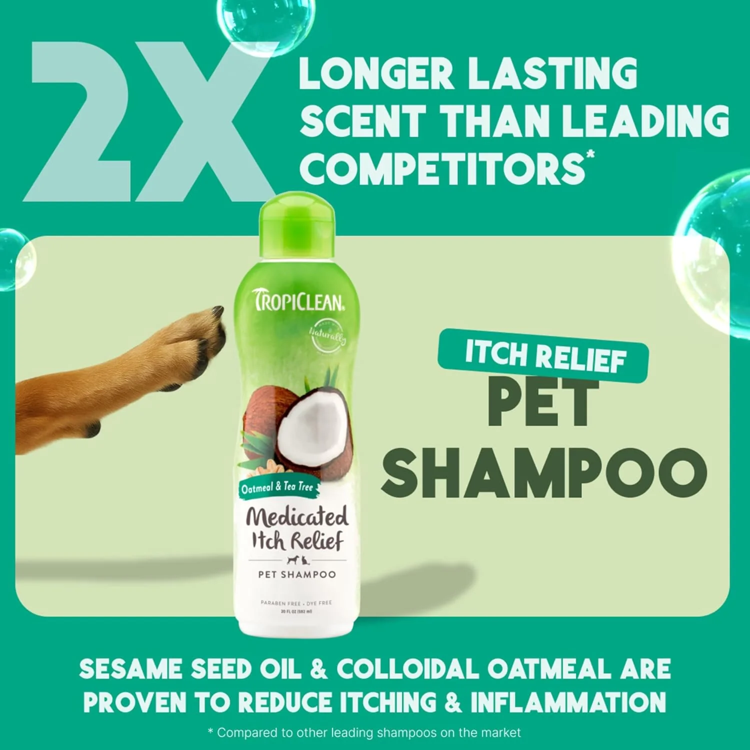 TropiClean Oatmeal Dog Shampoo for Itchy Skin Relief, Soothing Medicated Itch Relief, with Vitamin E, Puppy Safe, Made in USA, Cat Friendly, 20 oz. - Image 3