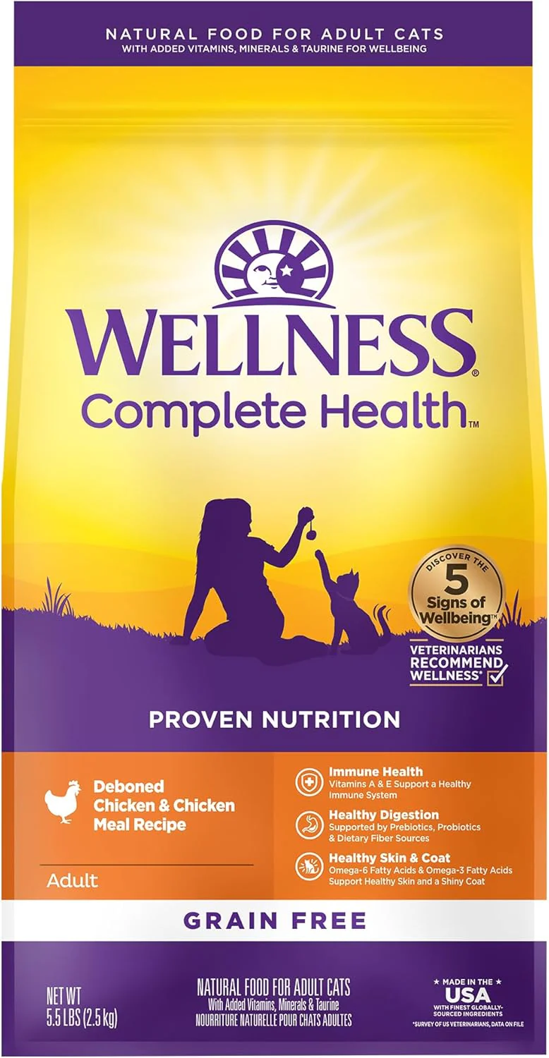 Wellness Complete Health Adult Dry Cat Food for Indoor and Outdoor Cats, Grain Free, Natural, Chicken & Chicken Meal