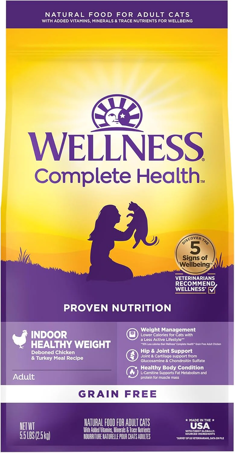 Wellness Complete Health Adult Dry Cat Food for Indoor Cats, Grain Free, Natural, Healthy Weight Chicken & Turkey Meal