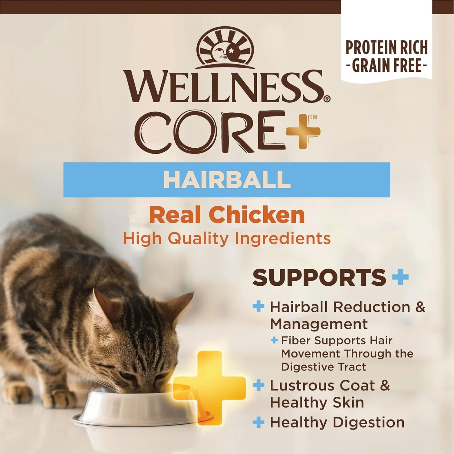 Wellness CORE+ Hairball Adult Dry Cat Food for Indoor & Outdoor Cats, Grain Free, Natural, Chicken and Chicken Meal - Image 2