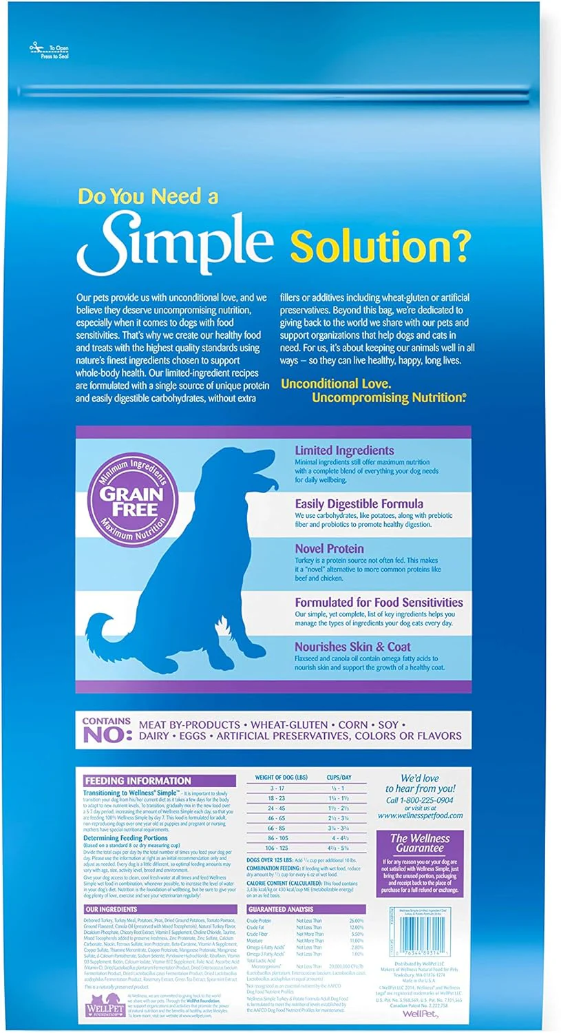Wellness Simple Natural Limited-Ingredient Grain-Free Dry Dog Food, Easy to Digest for Sensitive Stomachs, Supports Skin & Coat (Turkey and Potato) - Image 2