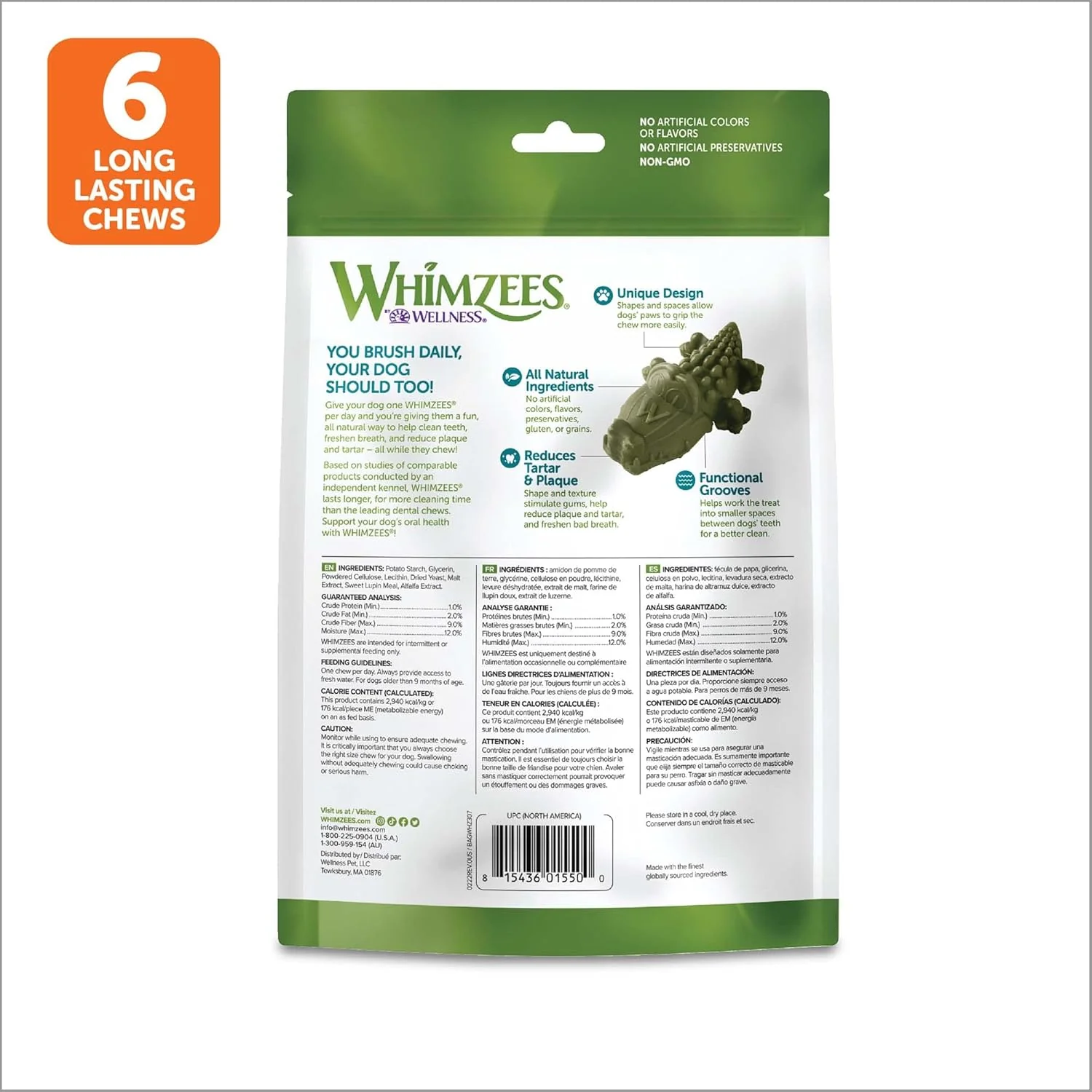 Whimzees Wellness Alligator Dog Dental Treats, Natural Chews, Large Size - Image 3