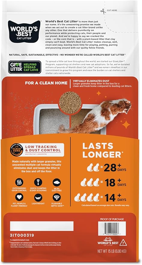 WORLD'S BEST CAT LITTER Low Tracking & Dust Control Multiple Cat Unscented 15-Pounds - Natural Ingredients, Quick Clumping, Flushable & Made in USA - Long-Lasting Odor Control & Easy Scooping - Image 3