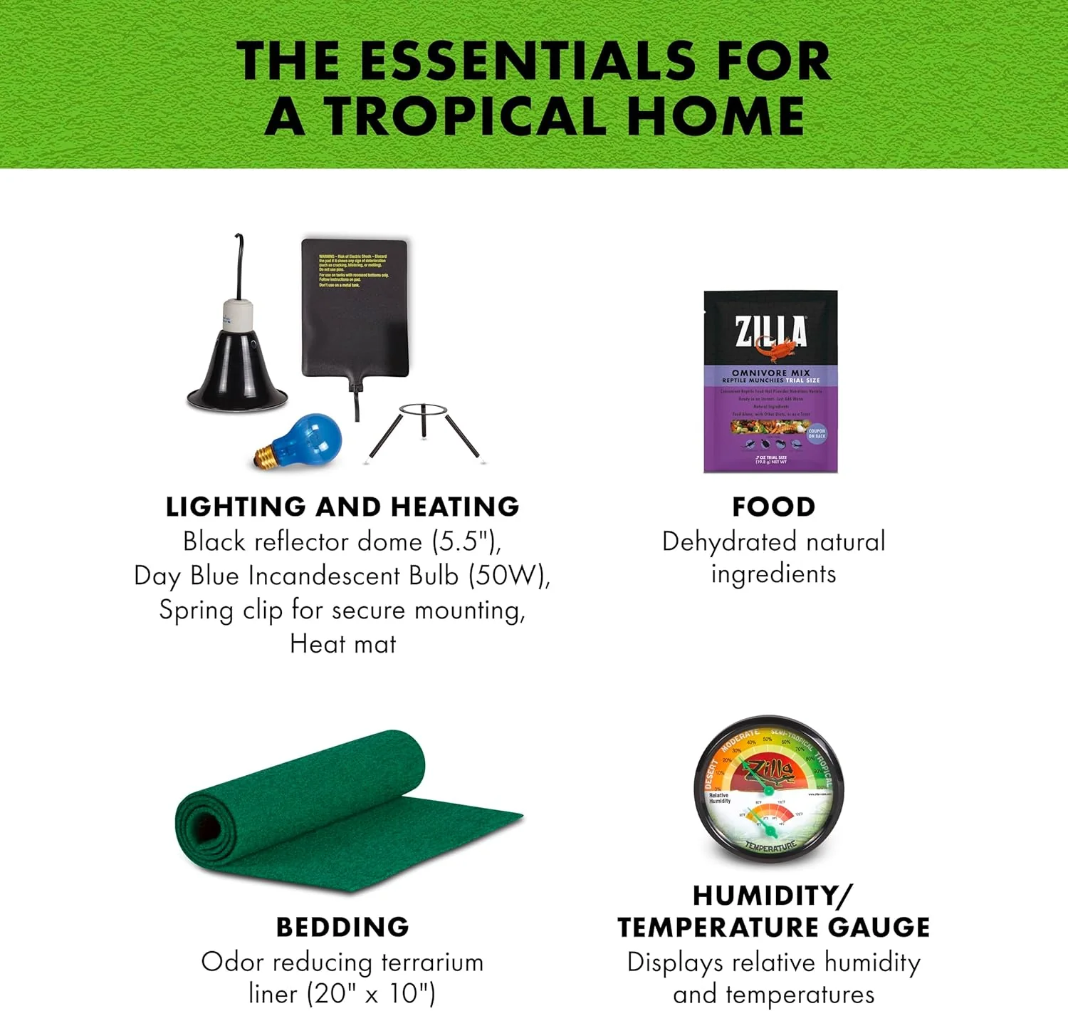 Zilla Tropical Habitat Accessory Kit, Starter Kit for Reptiles, Easy Start for Tropical-Dwelling Reptiles, Includes Lighting, Heating, Bedding and Food, Ideal for Size 10G Terrariums - Image 6